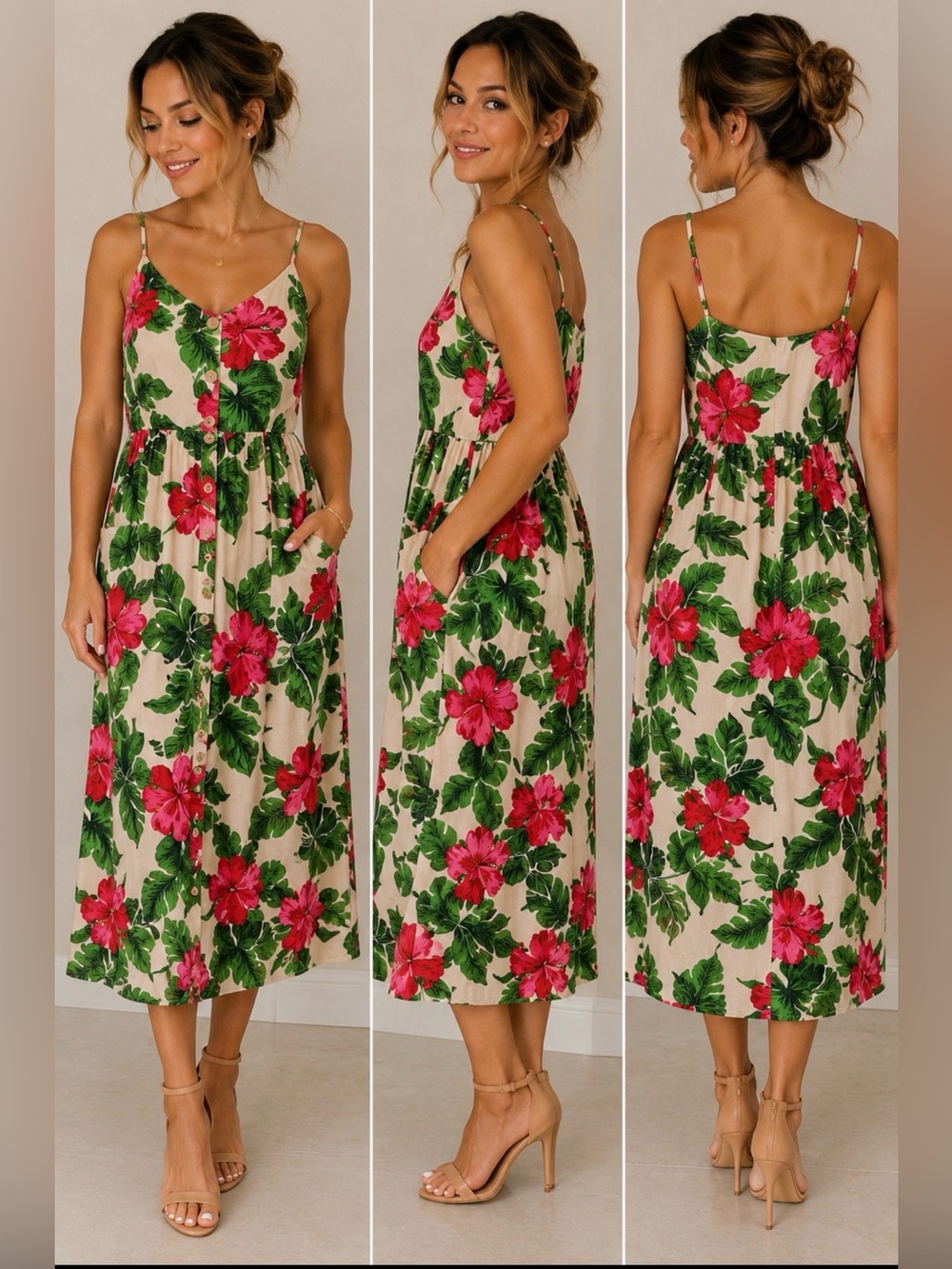 One Clothing LA Tropical Hibiscus Floral Midi Dress Pockets Size Small - Picture 2 of 9